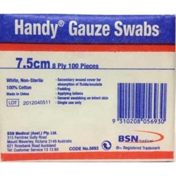 Handy Gauze Non Sterile Swabs 7.5cm 100 Pack